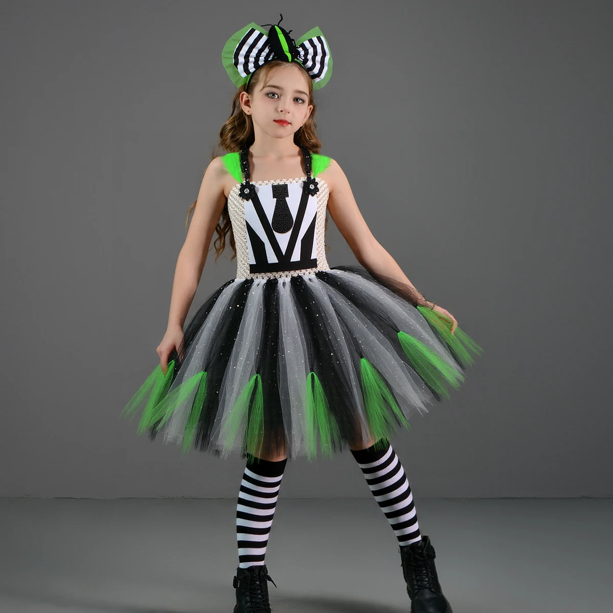 Kids Beetle Juice Halloween Costume Girls Black White Striped Cosplay Fancy Tutu Dress Children Carnival Party Dress Up Clothes - view 3