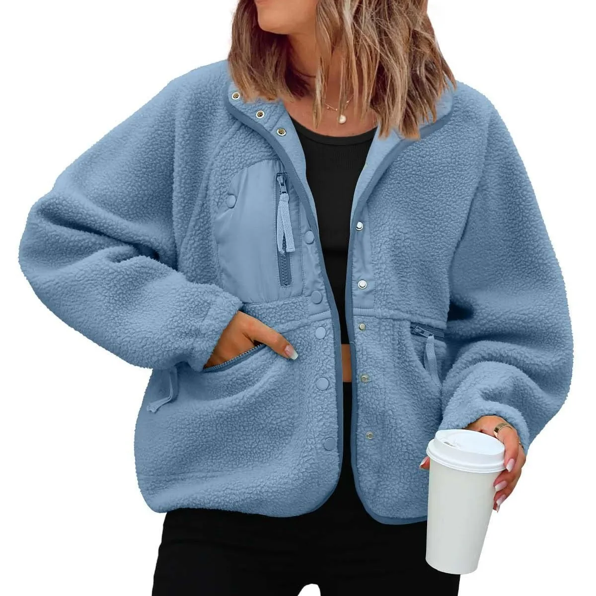 

2025 New Fashion Button Lapel Jacket Women Autumn Casual Loose Solid Color Zipper Pocket Home Furry Top For Women