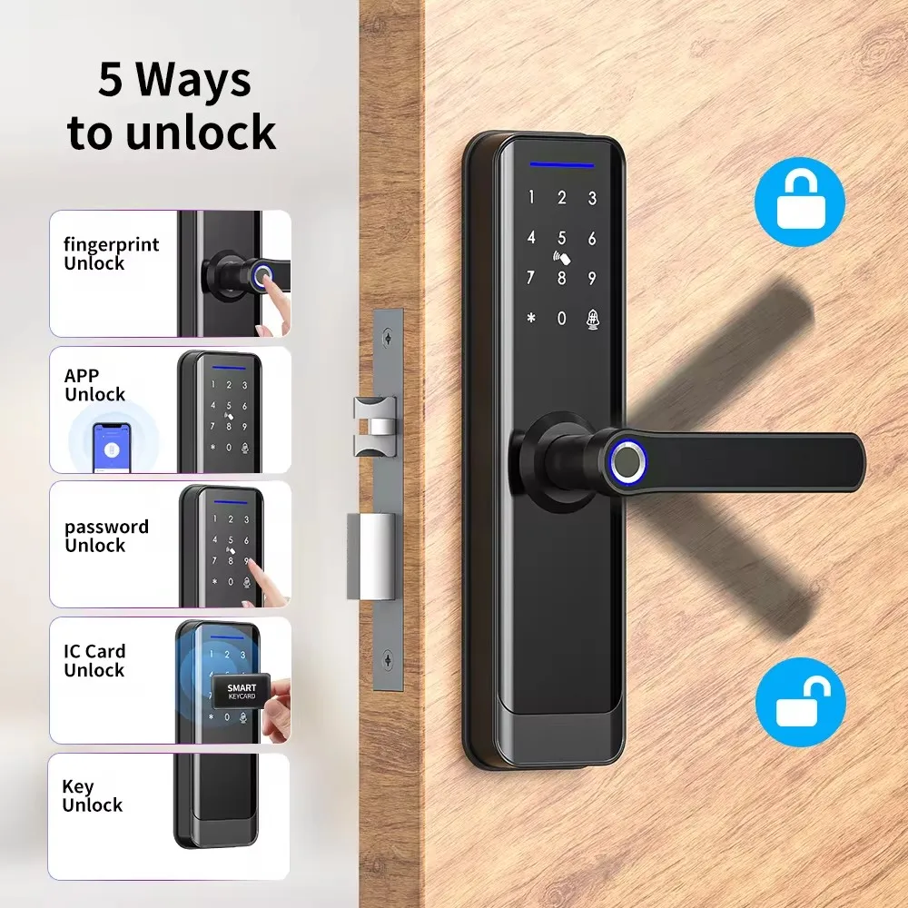 Digital Electronic Door Lock com Tuya, Wi-Fi, Smart Biometric, Fingerprint Keypad, Código do Cartão, Casa, Airbnb, Hotel Porta De Madeira