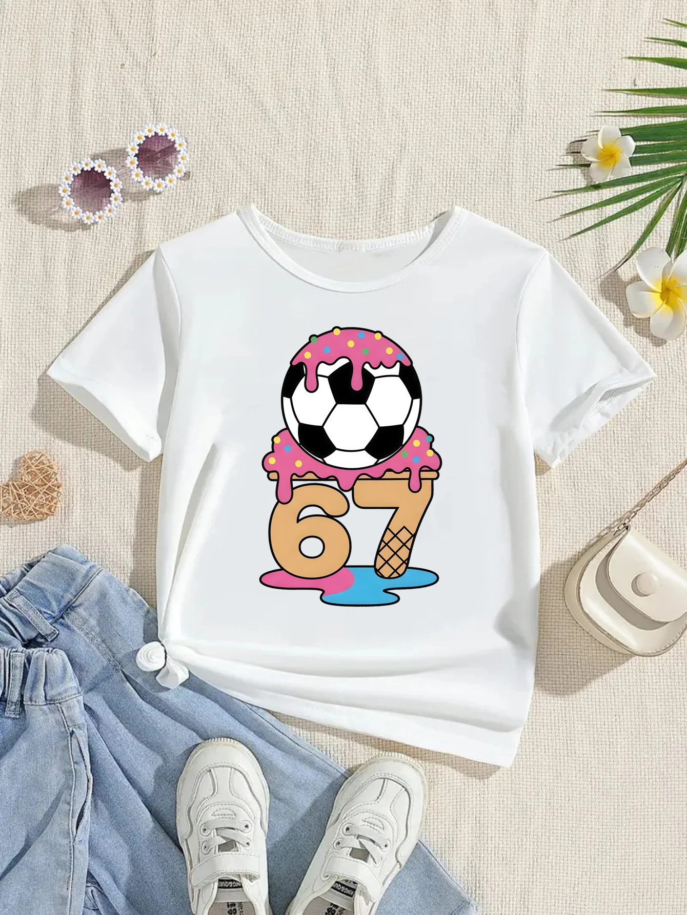

2026 Hot Sale 67 Meme Ice Cream Soccer Printed T Shirt Girls/Boys Kawaii Kids Clothes Summer Short Sleeve Shirt Toddler Shirt