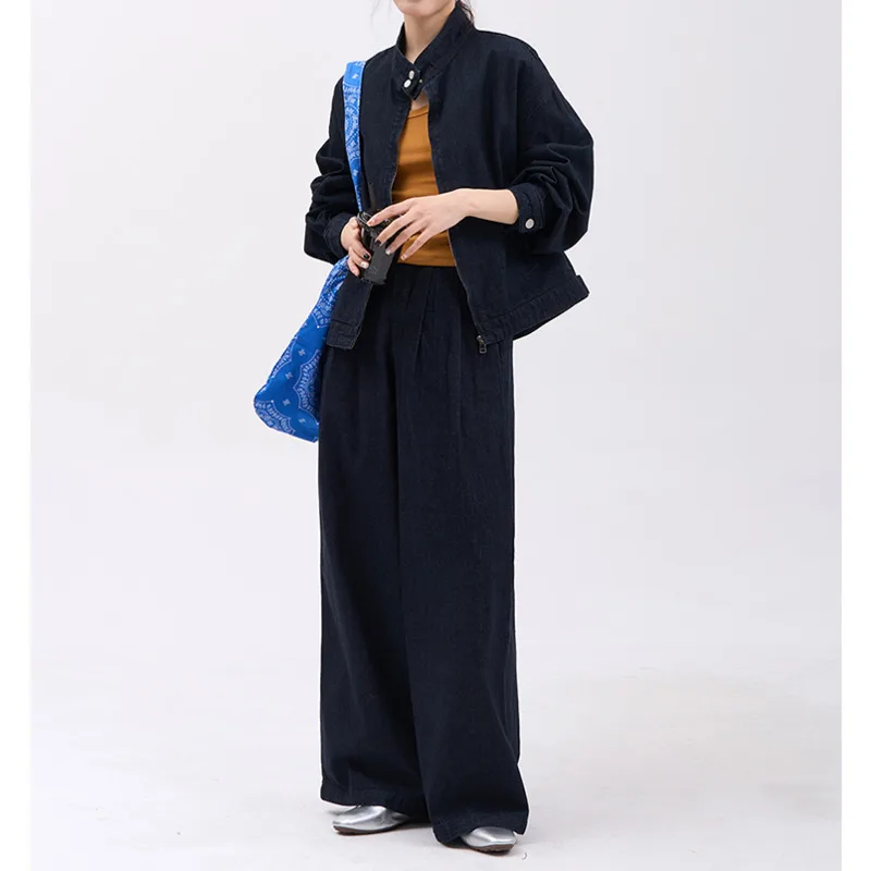 Kwtx feminino 2 peças denim conjunto cor sólida casual vintage jaqueta & calças zip-up de alta qualidade primavera verão 2025 na moda streetwear