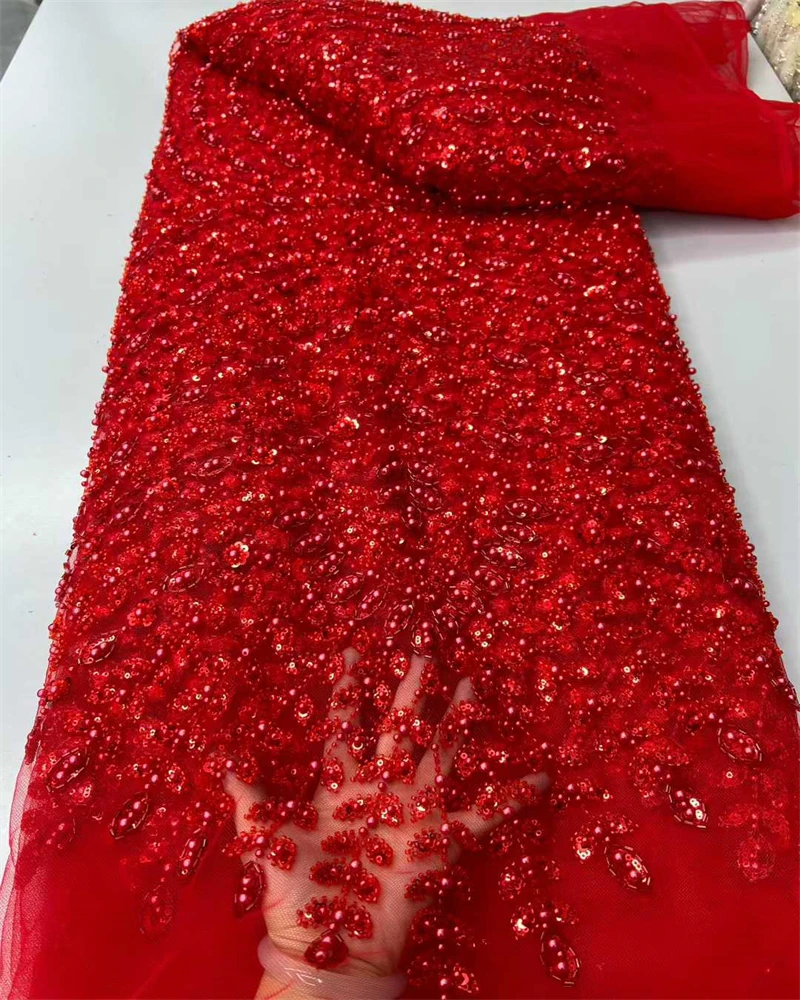 Wholesale Nigerian Gold Lace Fabrics Fashion Women African Tulle Lace Luxury Handmade Beaded Sequins Fabrics For Wedding