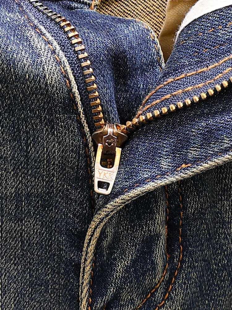 Celana Jeans Retro Amerika Kelas Atas Desain Bordir Pria Model Distressed Stretch Straight Panjang