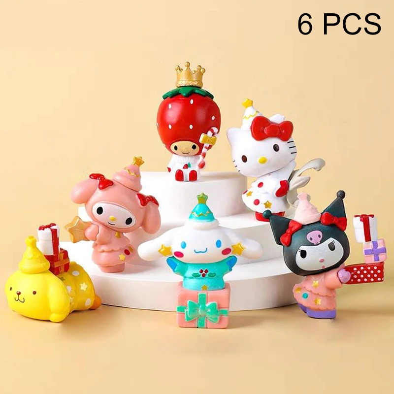 Sanrio Figuras Brinquedos para Crianças, Anime, Cinnamoroll, Kurumi, My Melody Doll, Ornamento Decorativo, Presente de Natal, Kawaii, 6 Estilos, 6Pcs