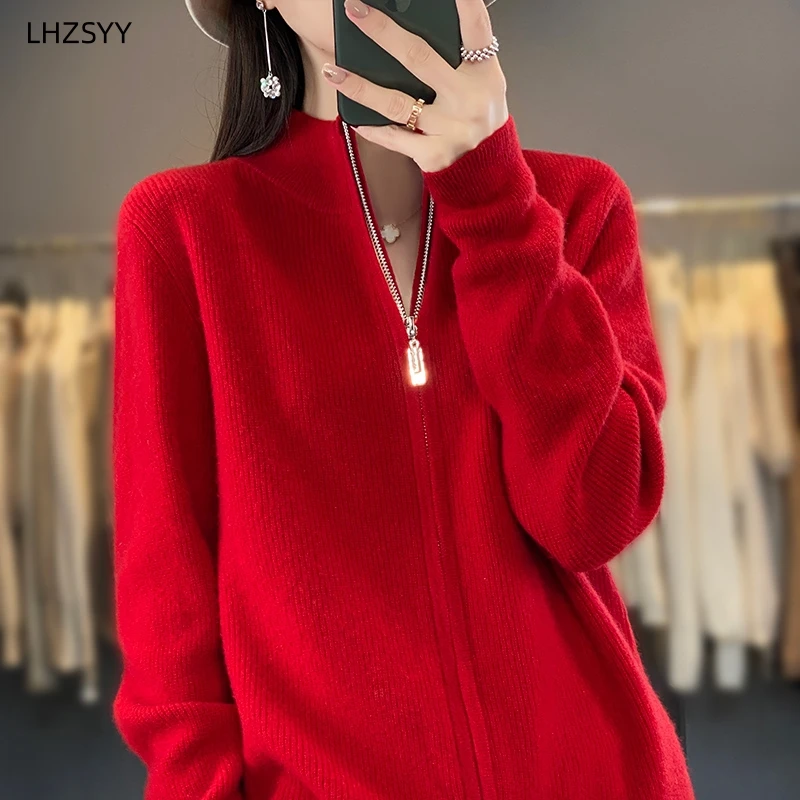 LHZSYY Autumn Winter New 100%Pure Wool Zipper Cardigan Ladies Stand Collar Knit Jacket Loose Top Warm Cashmere Sweater WomenCoat