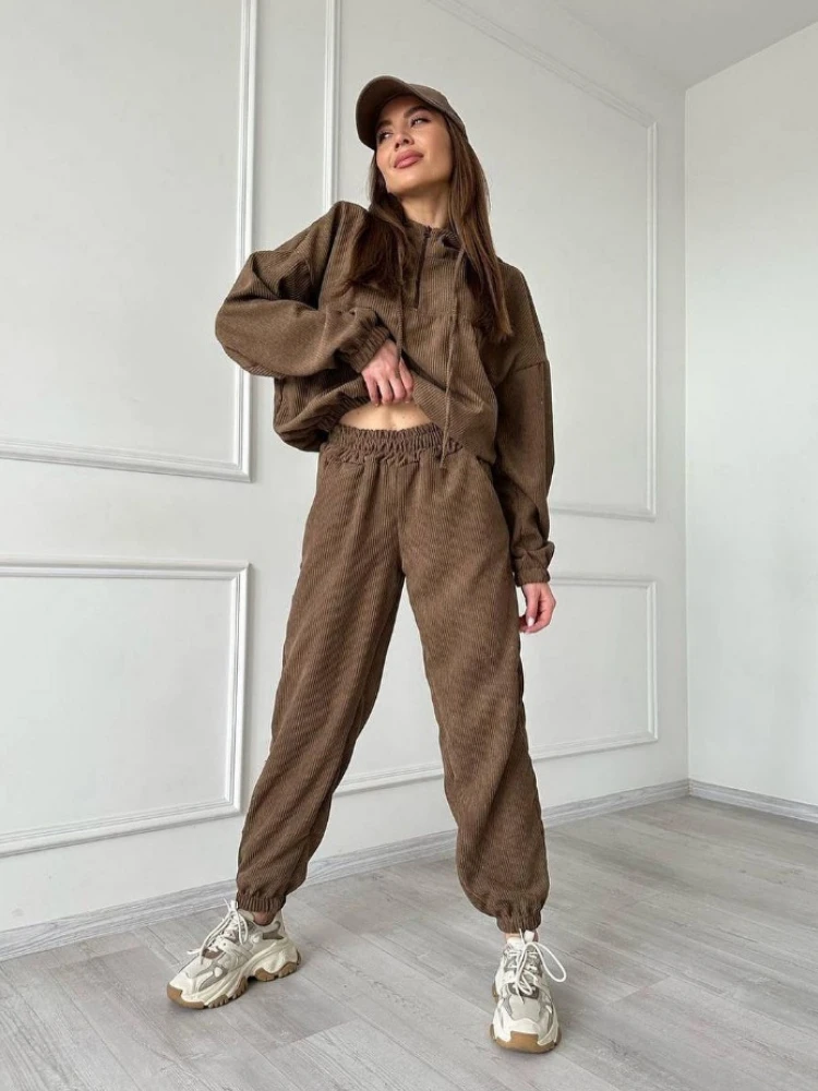 Women Pant Set Zipper Hoodie Pants Two Piece Sets Vintage Corduroy Sweatshirt Sport Suit Loose Long Sleeve High-waisted Pants