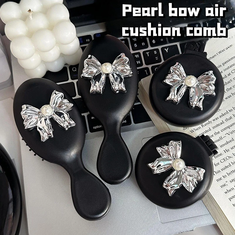 Pearl Bowknot Comb Mini Bow Compact Portable Foldable Airbag Air Cushion Massage Mirror Comb Portable Travel Girl Hair Combs