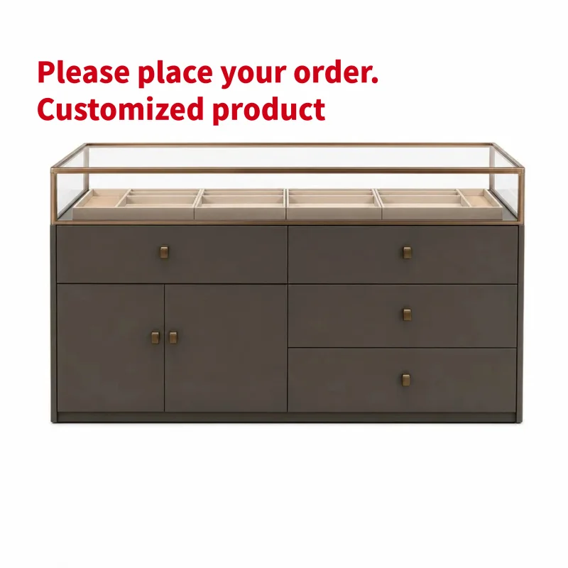 custom.Bespoke Jewelry Showcase Cabinet OEM ODM Custom Retail Display Counter Stone Texture LED Glass Vitrine Gold S