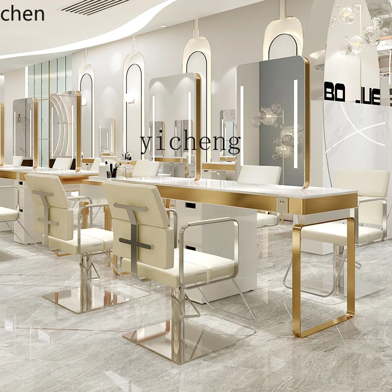 

HYS barber shop mirror table hair mirror hair salon hair cutting perm and dyeing mirror stone table integrated