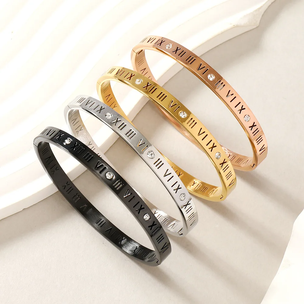 

Simple Style Stainless Steel Bracelet For Women High Quality Waterproof Roman Zircon Fashion Jewelry Accessories Party Gift