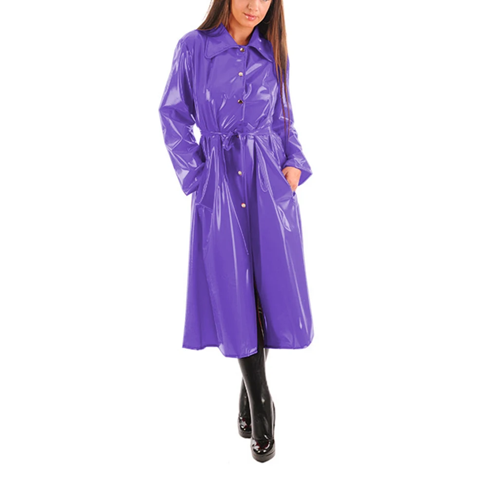Women\'s PU Leather Turn-Down Collar Midi Trench, Shiny Faux Leather, Button-Up, Long Sleeve Dress Coats with Belt, Sexy Wet Look