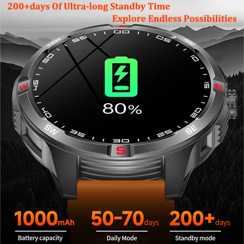 ساعة ذكية عسكرية قوية للرجال بلوتوث مكالمة بطارية 1000 مللي أمبير في الساعة 100 يوم وقت الانتظار شاشة 1.46 بوصة IP68 حركة مقاومة للماء t