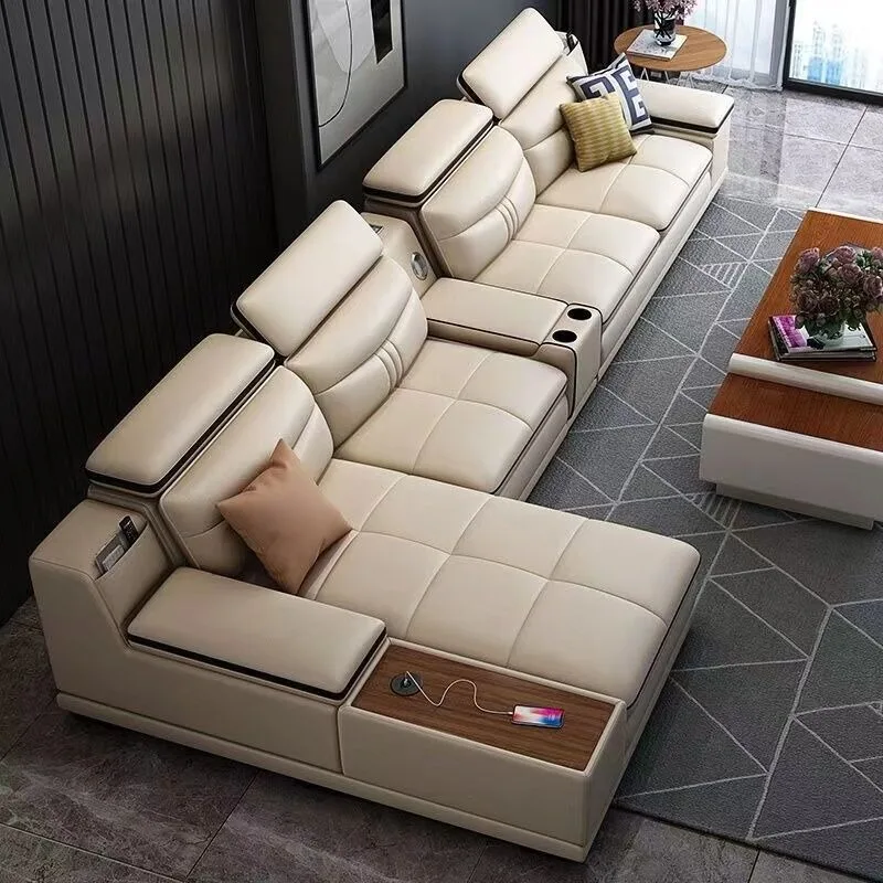 Leather sofa combination, set modern simple living room multi-functional storage size apartment leather art sofa, new