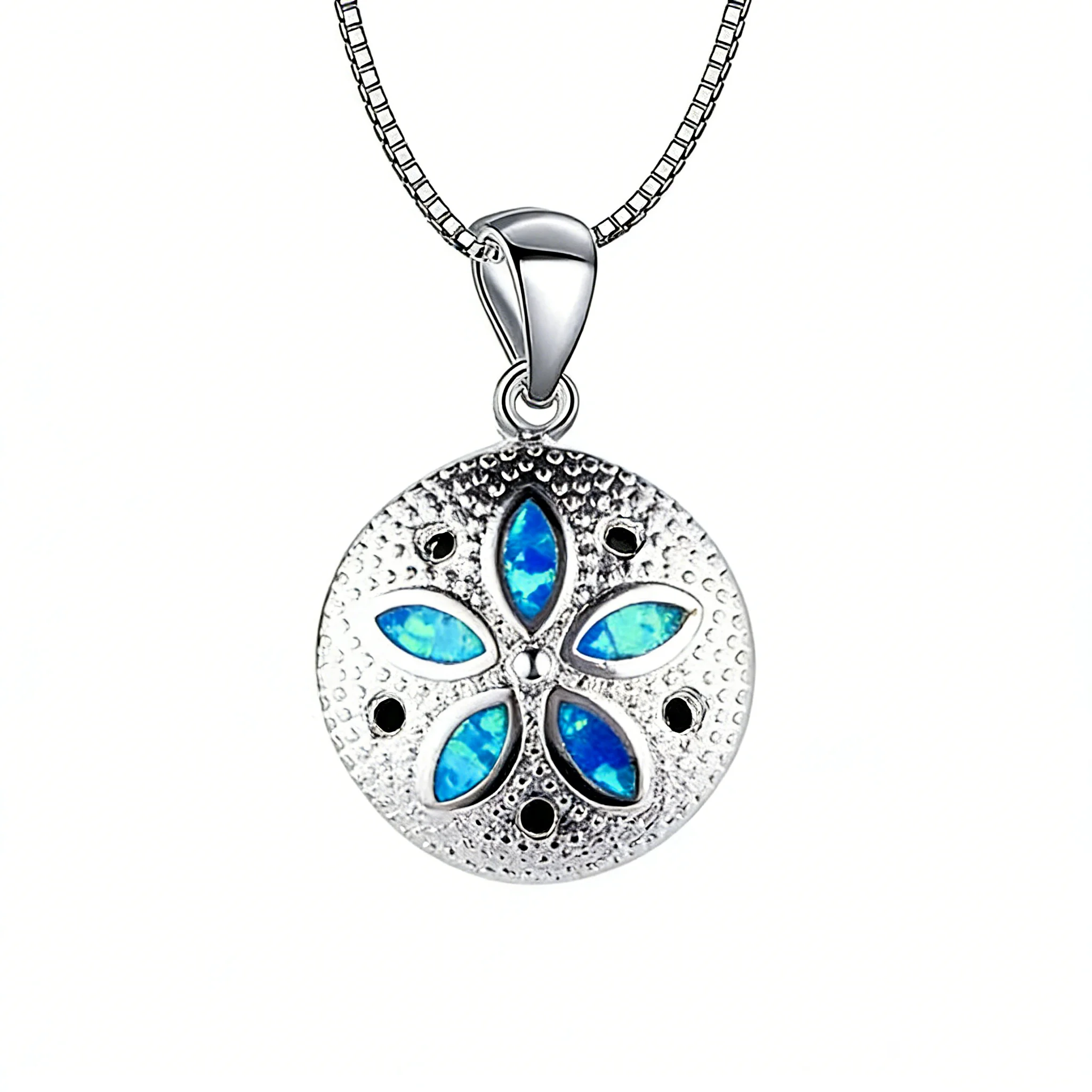 قلادة على شكل زهرة أوبال زرقاء، قلادة مطروقة فضية اللون مع نقاط منقطة، سلسلة مجوهرات بوهيمية بسيطة هدية للنساء #1