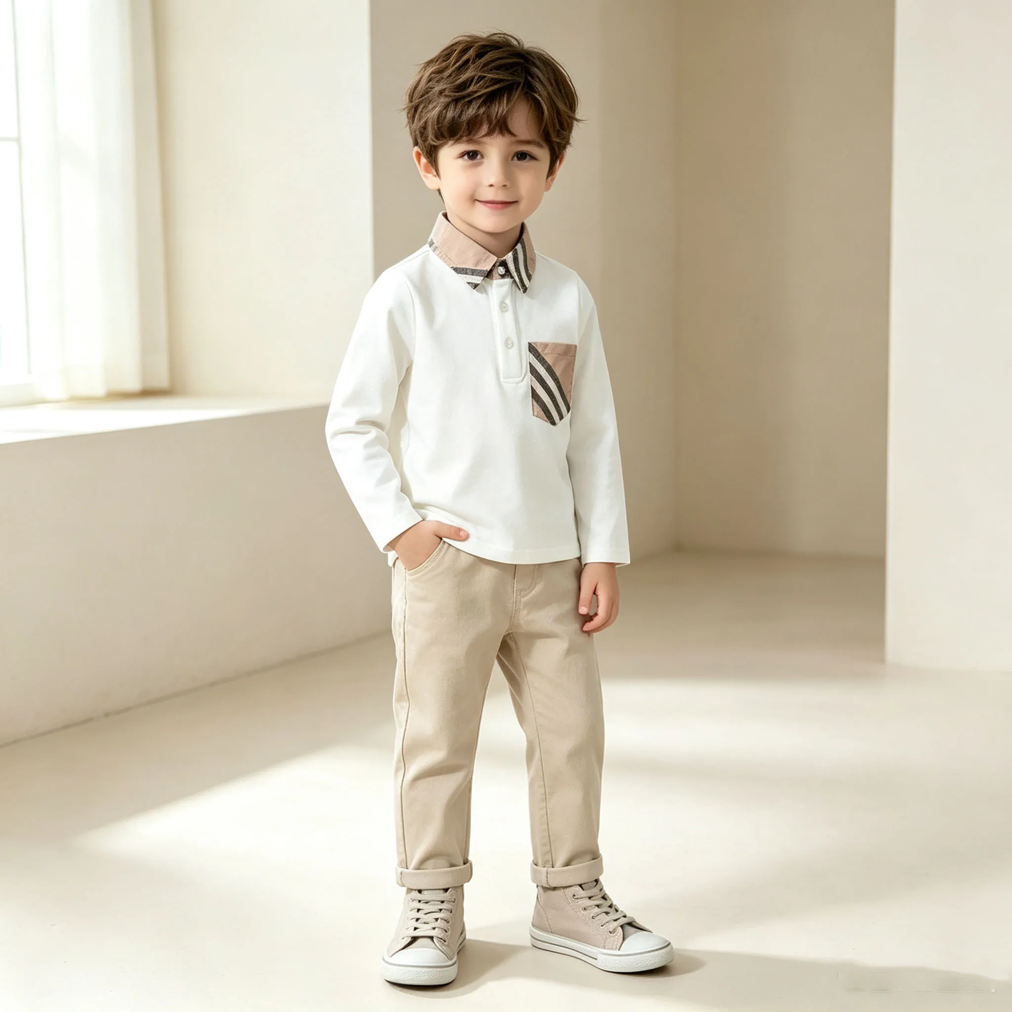 Boys Polo Shirts Long Sleeve Cotton Spring Autumn Kids Clothes Cute Striped Pocket  Boutique Toddler Boy Polo Shirt 1 To 9Years