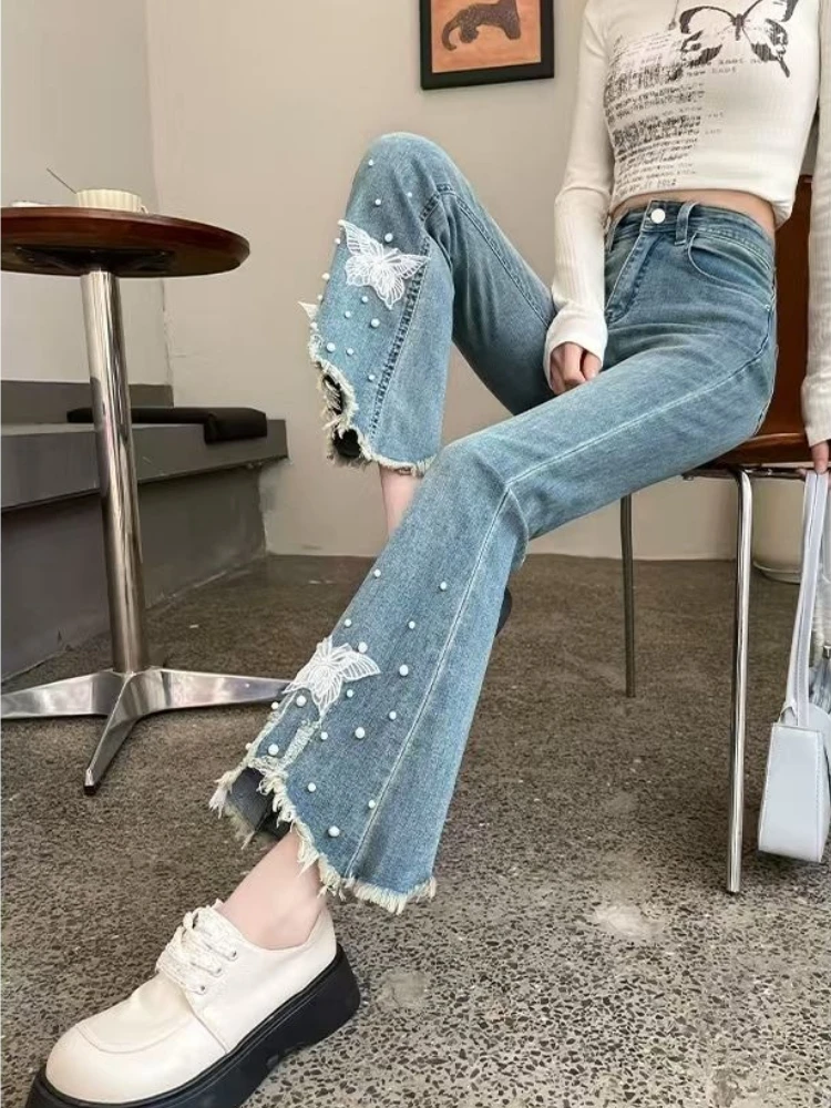 Stretchy Distressed Flare Jeans Women 2026 Spring Summer Trendy Beaded Butterfly Nine-Part Bell Bottom Pants