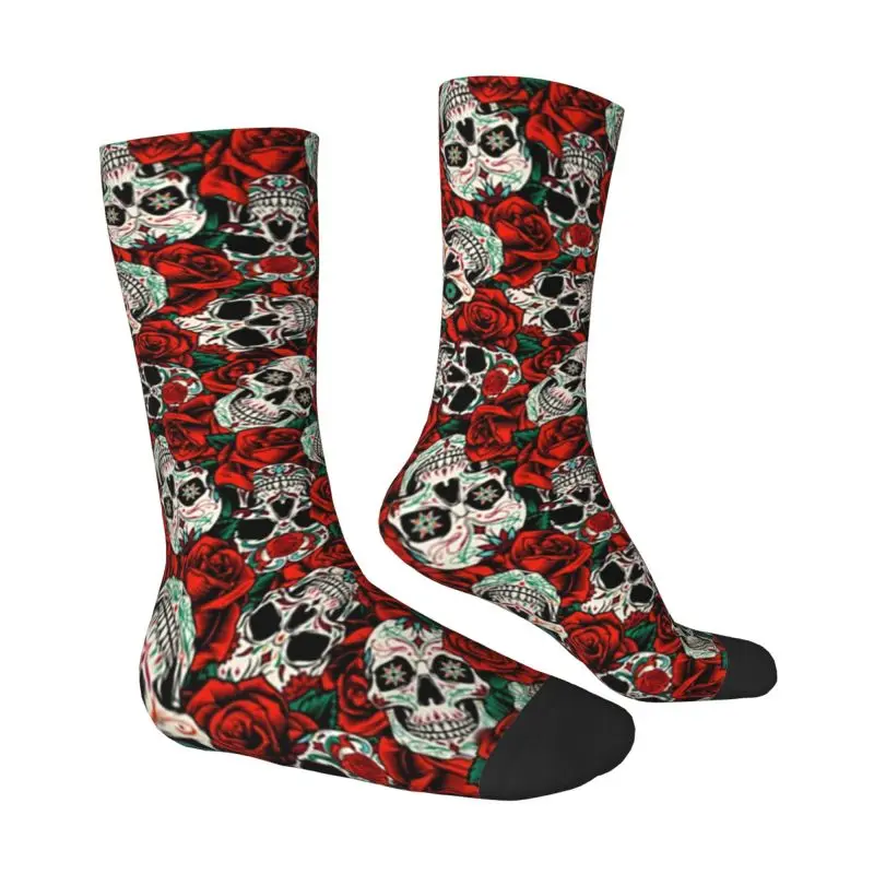 Fun Mens Sugar Skull And Roses Flowers Dress Socks Unisex Warm Breathbale 3D Printed Gothic Design Day Of The Dead Crew Socks