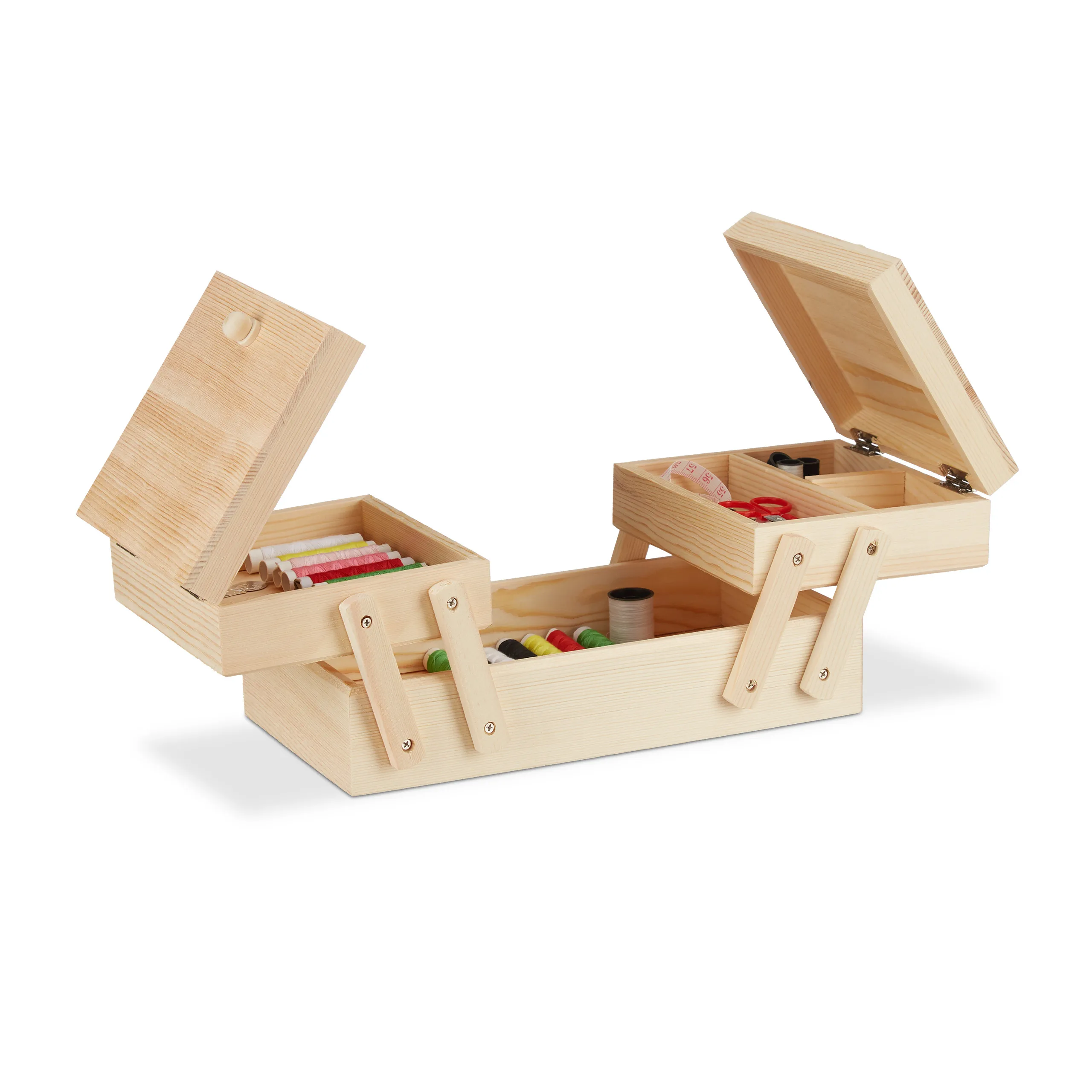 Scatola per accessori da cucito, con apertura laterale, in legno, 5 scomparti, con coperchi e maniglie, 12 x 26 x 15,5 cm, scatola per accessori da cucito, scatola per accessori da cucito, colore