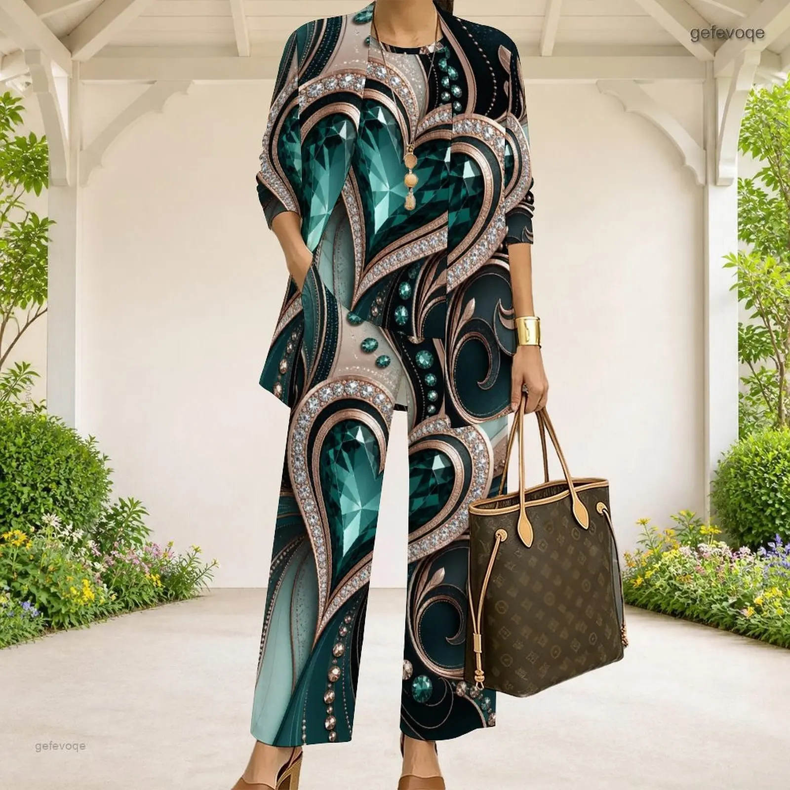 Women Black Dark Green Gold Abstract Swirl Printed 3 Piece Pants Set 3/4 Sleeve Cardigan Tank Top Long Pants - view 2