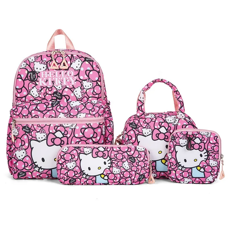 Mochila de Verão Sanrio KT Cat para Crianças, Mochila de Estudante com Personagem Kuromi, Conjunto de Quatro Peças