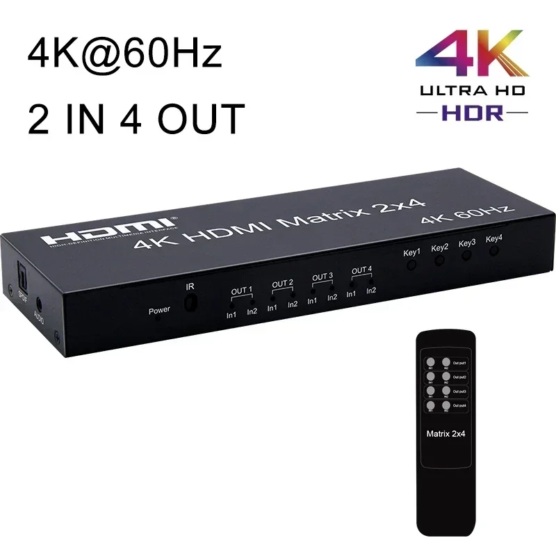 4K 60Hz HDMI Matrix 2x4 HDMI Switch Splitter  2 Inputs and 4 Outputs Switcher Audio Extractor for Camera Laptop PC To TV Monitor