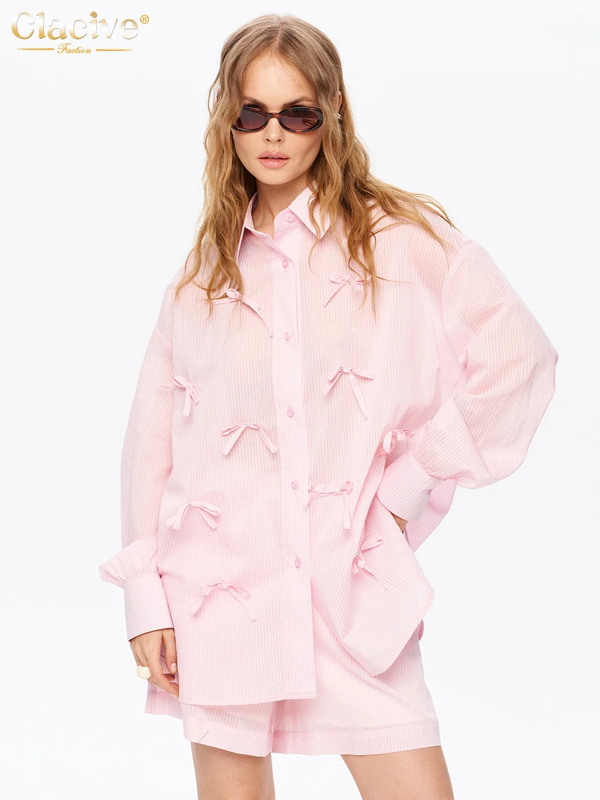 

Clacive Fashion Loose Pink Stripe Women's Two Pieces Set 2025 Elegant Long Sleeve Bow Shirt Wth High Waist Shorts Set Female