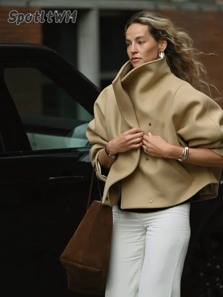 Women Solid Big Collar Cropped Short Overcoat Ladies Batwing Sleeve Snap Button Short Coat 2026 Autumn Winter New Casual Outfits