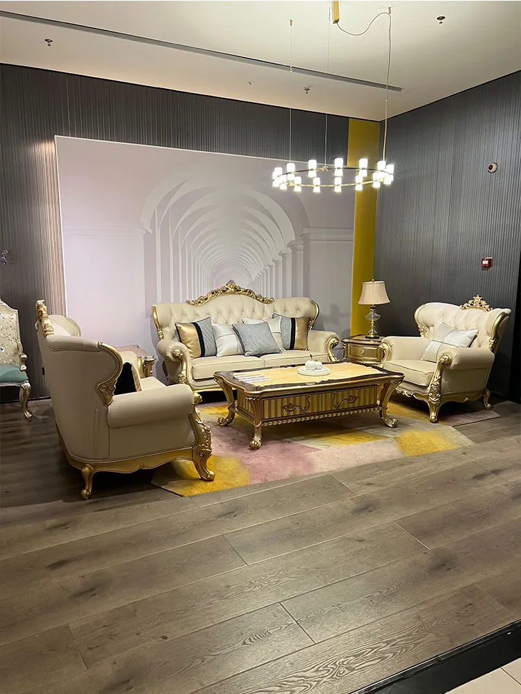 

European solid wood cowhide living room sofa French palace villa large flat high-end luxury leather sofa champagne gold