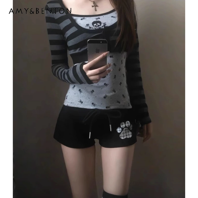 

Оригинальный дизайн, женская футболка в полоску в стиле ретро с цветными блоками и длинными рукавами, новая милая крутая сексуальная универсальная женская футболка из двух предметов в стиле панк