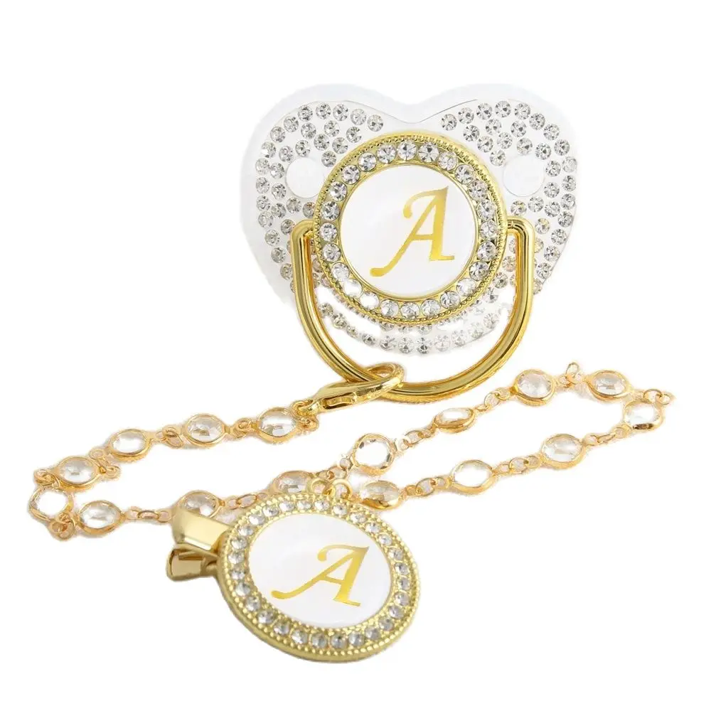 Transparent 26 Initial Letter Luxury Baby Pacifier with Chain Clip Newborn Bling Dummy Soother Chupeta