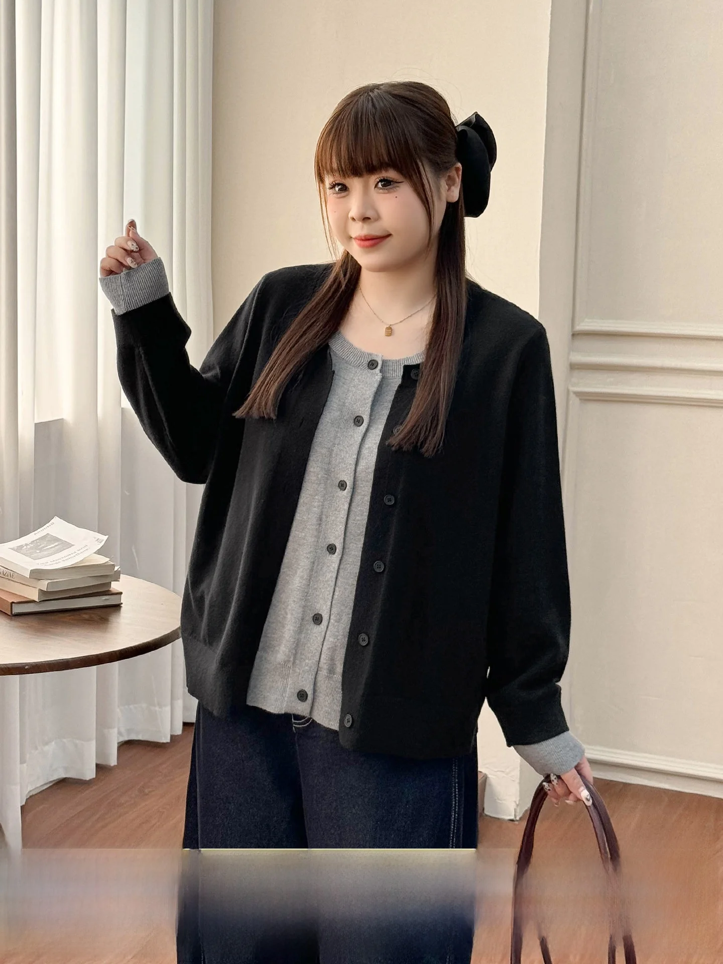 

plus Size Red Knitted Long Sve Sweater Fake Two-Piece Design Splice Spring Anti-Pilling Daily Wear Comfortable Knit Top