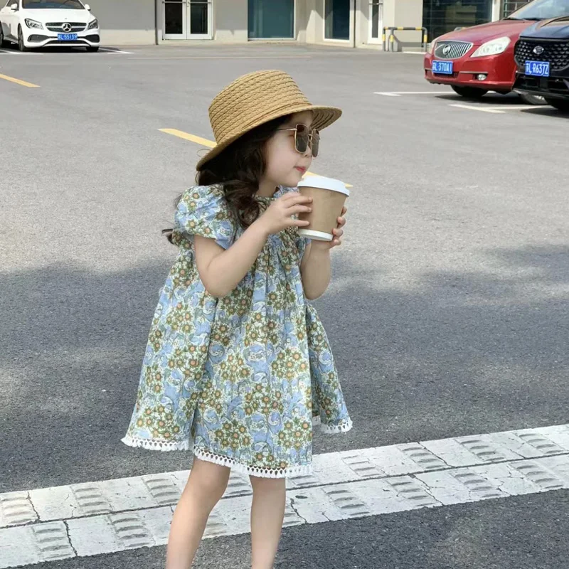 

Children Clothing Fashion Summer New Girl Floral French Style Sweet Princess Bubble Sleeved Short Sleeved Dress