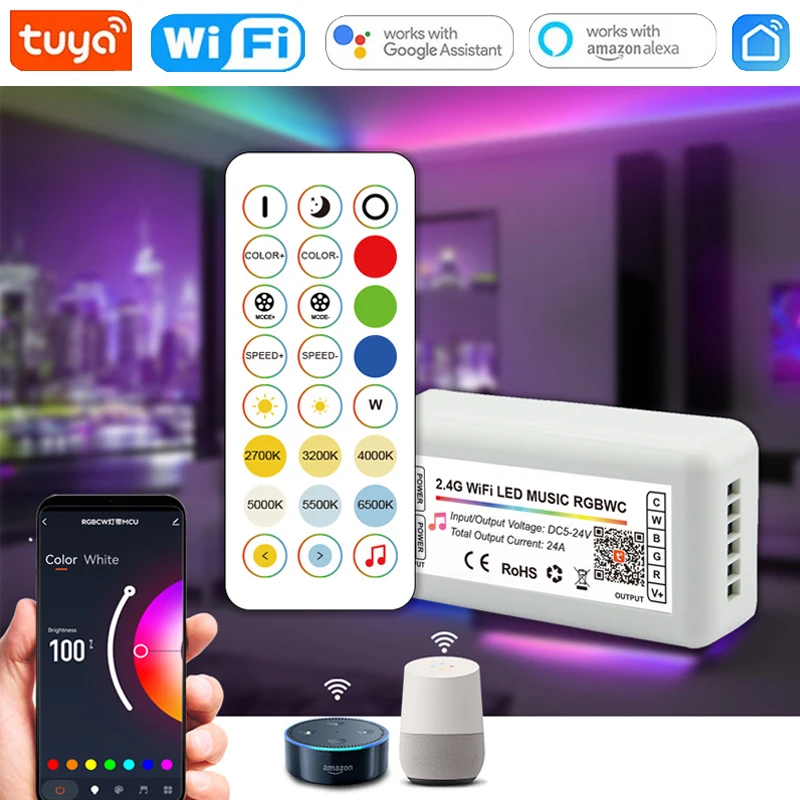 Tuya Wifi DC5V-24V LED Light Controller with Remote Single/CCT/RGB/RGBW/RGBCW Music Wireless Controller for Alexa Google Home