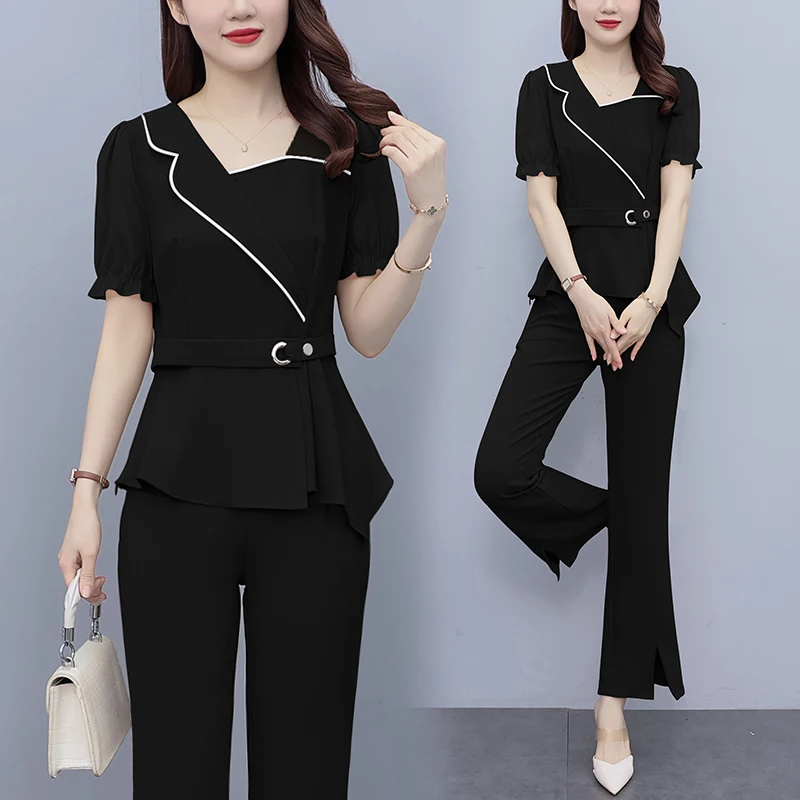 Korean Fashion Oversize Women Sets For Summer 2024 New Irregular Top & Wide Leg Pants 2 Pieces Office Lady Outfits Pantsuits