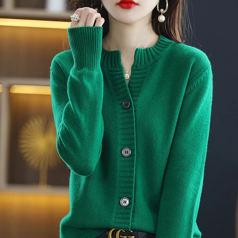 Woolen Cardigan Women Round Neck Button Half Open Knitwear Solid Color Long Sleeve Autumn Winter New Fashion Loose Coat Sweater