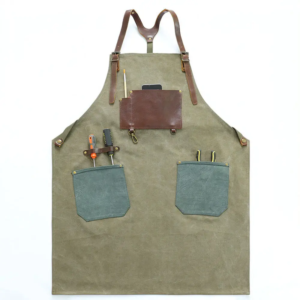 Modern Durable Canvas Bib Apron With PU Leather Pockets For Workshop Carpentry Crafting Maintenance Home Kitchen