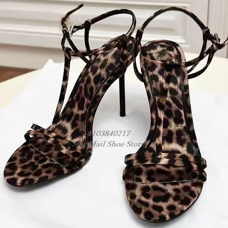 Double Strap T-Strap Leopard Print Sandals Round Toe Peep Toe Super Stiletto Pumps Hot Chick Summer Catwalk Shoe Club Party Shoe