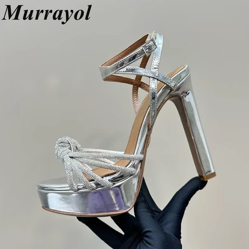 جديد حجر الراين ديكور منصة مقاومة للماء Sandalias النساء جلد طبيعي هايت الكعب الصنادل الصيف فستان الحفلات أحذية مضخات