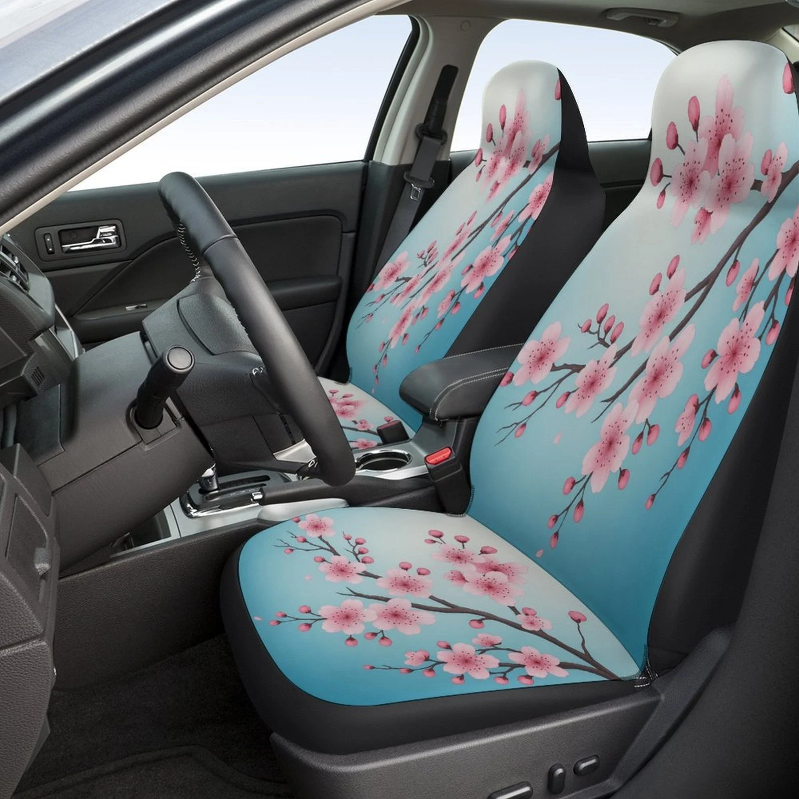 Cherry Blossom Branch Designed Car Seat Covers Set For Most Cars, Trendy Novelty Decorative Car Seat Protector Covers Full Set,