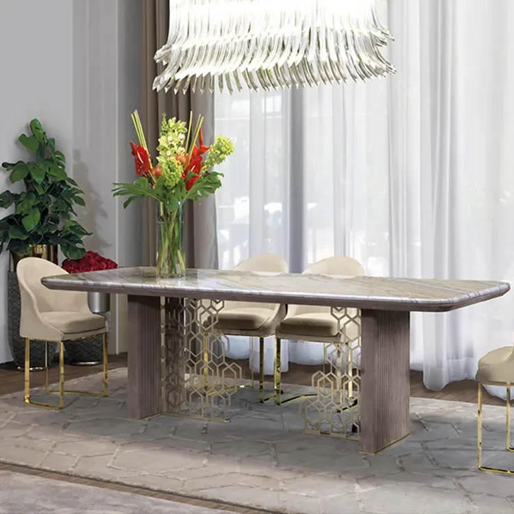 Italian Luxury Style Marble Top Dining Table Modern Stainless Steel Leather Base Marble Dining Table Set