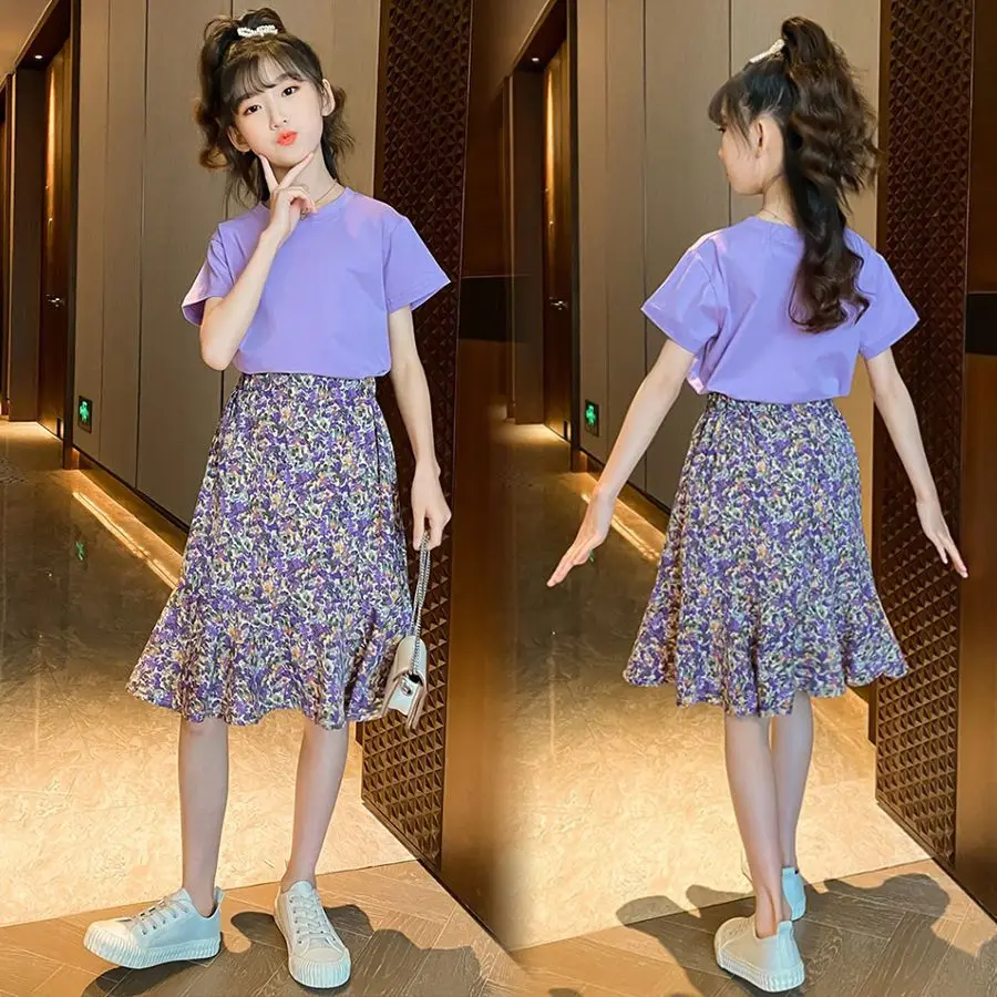 

2025 Fashion Girls Dress Summer Kids T-shirt + Dress 2PCS School Casual Children Short Sleeve Dresses for Girl Teen 6 8 12 Years