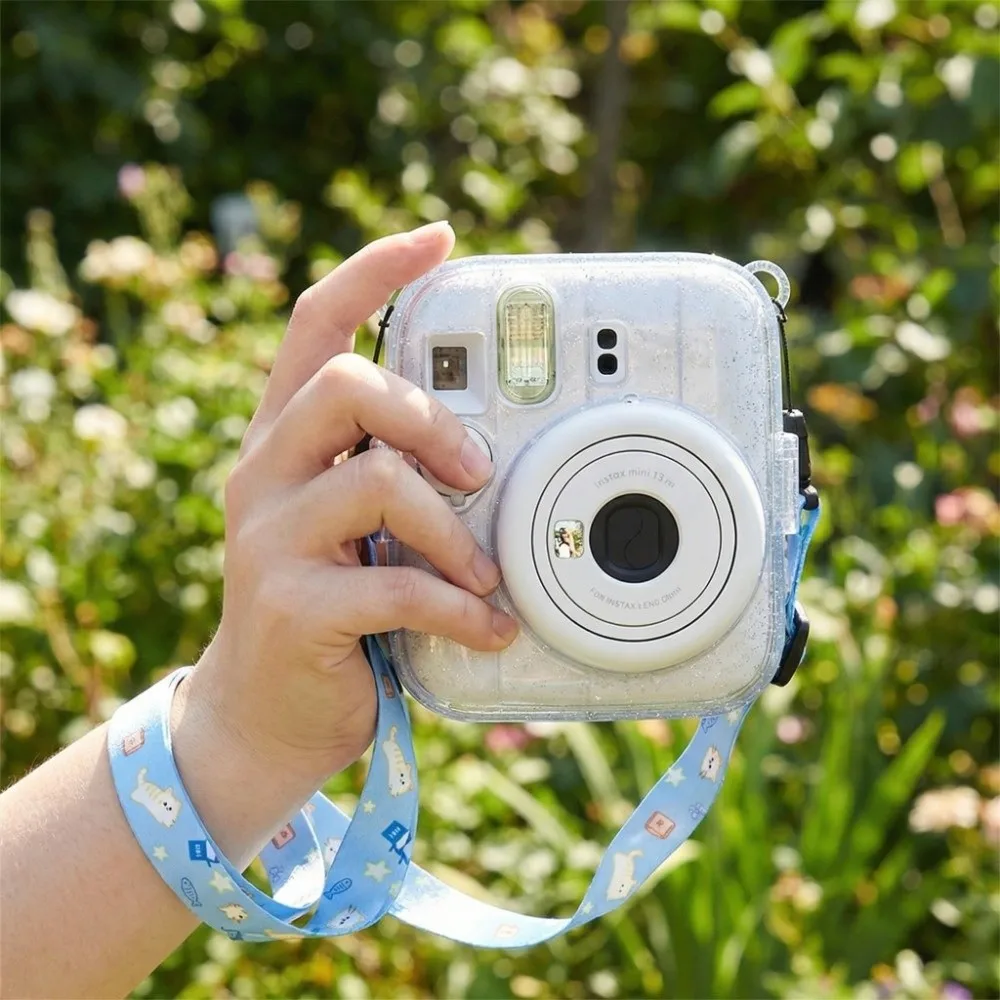 Translucent Glitter Instant Camera Case with Cartoon Sticker Adjustable Strap Photo Storage Shell for Fujifilm Instax Mini 13