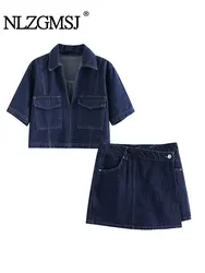 Traf 2024 Dames Mode Flip Pocket Decoratie Korte Flip Kraag Slim Fit Denim Top + Asymmetrische Denim Rok 2 Delige Set