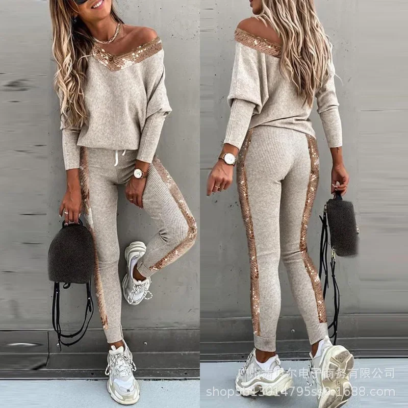 Elegant Women Two Piece Set Tracksuit Casual Fashion Long Sleeve Shirt Top Pants Outfits Homewear Loungewear Suit