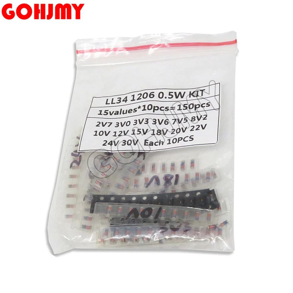 15Value *10PCS=150PCS SMD LL4148 3.3V 4.4V 6.6V 8.8V10V15V 20V 30V 0.5W 2.7V-30V And LL4148 LL34 And Zener Diode Assorted Kit 