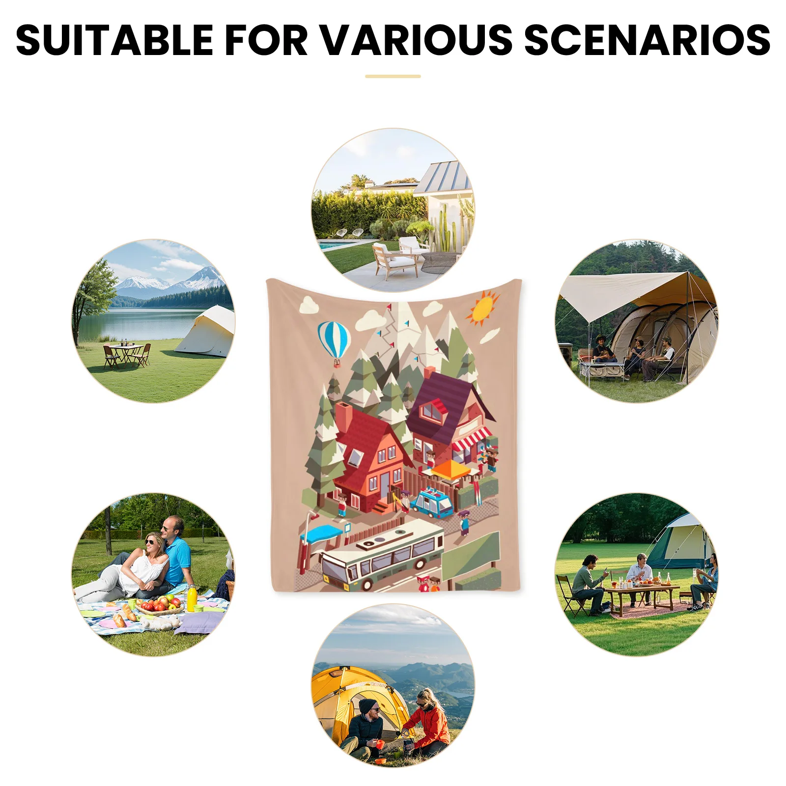 Manta al aire libre con casas, árboles, globos y montañas, diseño para picnics, acampar y aventuras al aire libre en la naturaleza