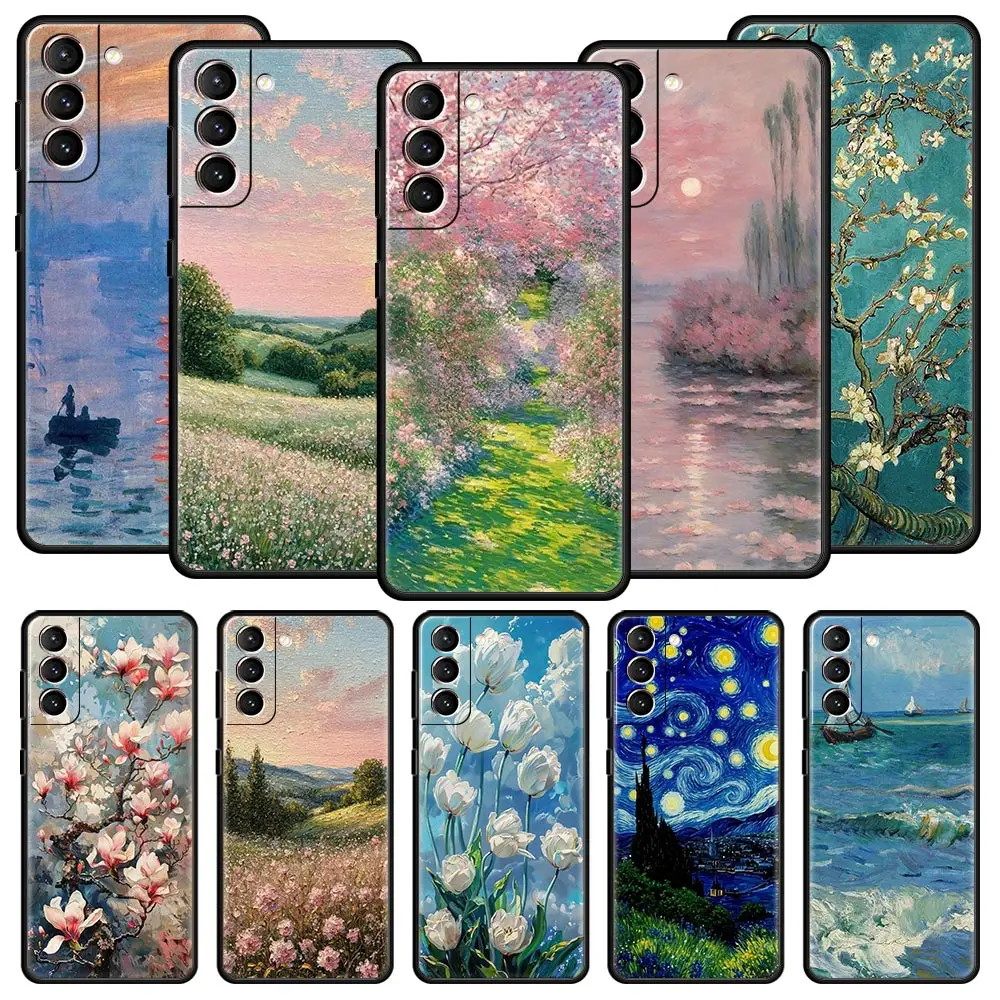 Funda de teléfono Claude Monet Garden Paint Art para Samsung Galaxy S26 Ultra S25 Plus S24 FE S23 S22 5G S21 S20, funda negra suave