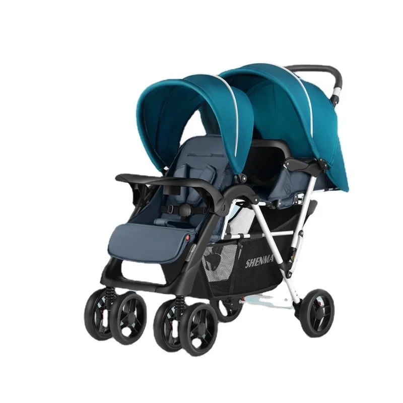 Luxury Double Stroller Folding Portable Twin Baby Stroller Lying and Seating Shock Absorption Newborn Double Seat Strollers