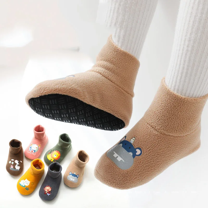 Anti Slip Baby Walking Shoes Winter Plush Floor Sock Indoor Thicken Fleece Boots 0-3Y Kids Warm Footwear Cartoon Soft Soled Shoe