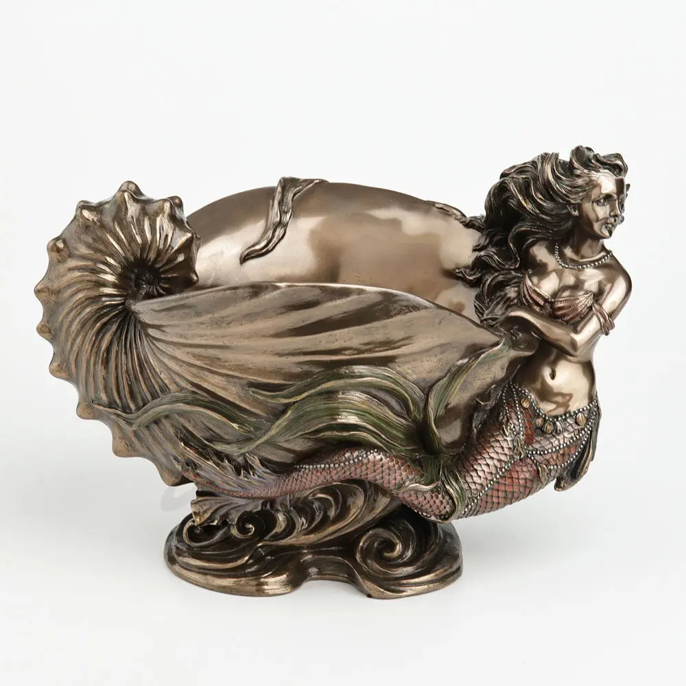 Antique Bronze Mermaid Jewelry Tray Conch Shell Trinket Dish Vintage Sea Goddess Figurine Decorative Jewellery Holder Home Decor